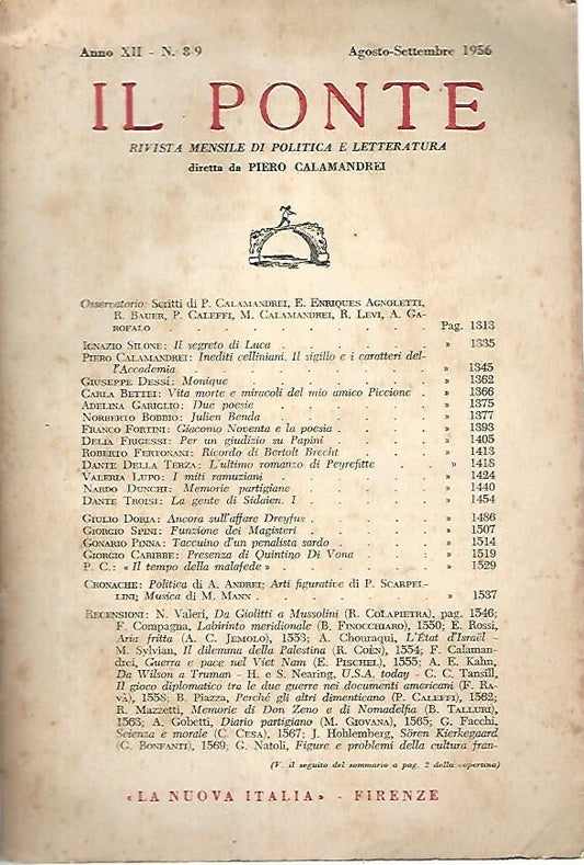 Il Ponte rivista mensile di politica e letteratura. Agosto-Settembre 1956 - copertina