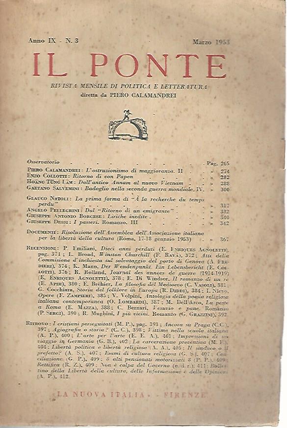 Il Ponte rivista mensile di politica e letteratura. Marzo 1953 - copertina