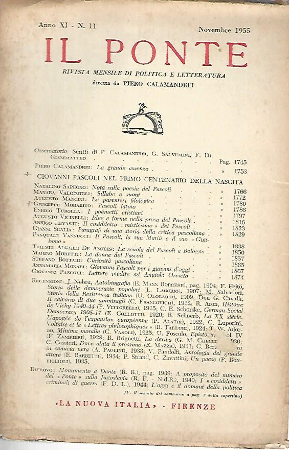 Il Ponte rivista mensile di politica e letteratura. Novembre 1955 - copertina