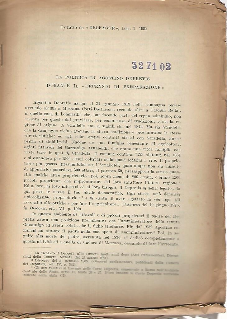Estratto da Belfagor, fascicolo 1 1952. La politica di Agostino Depretis durante il decennio di preparazione - copertina