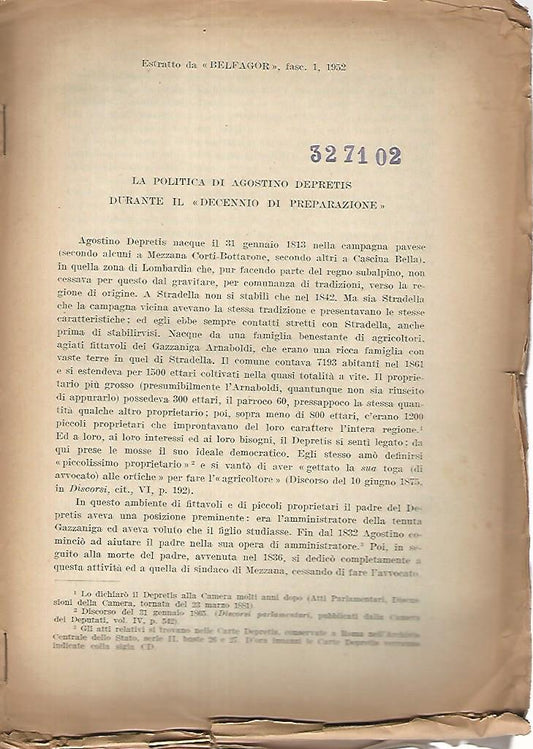 Estratto da Belfagor, fascicolo 1 1952. La politica di Agostino Depretis durante il decennio di preparazione - copertina