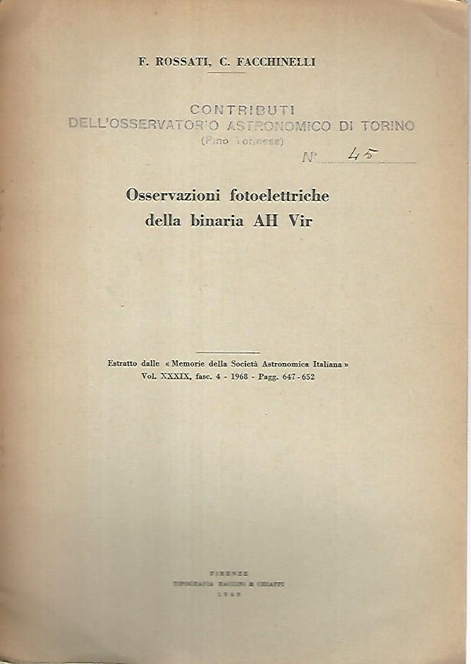 Osservazioni fotoelettriche della binaria AH vir. Estratto dalle memorie della società astronomica italiana - copertina