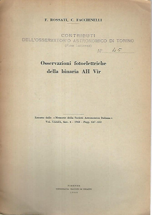 Osservazioni fotoelettriche della binaria AH vir. Estratto dalle memorie della società astronomica italiana - copertina