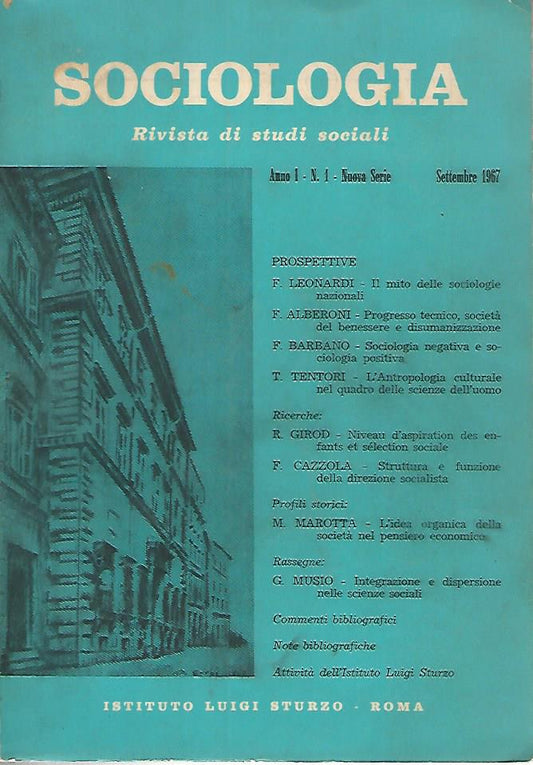 Sociologia. Rivista di studi sociali. Anno 1 n. 1 settembre 1967 - copertina