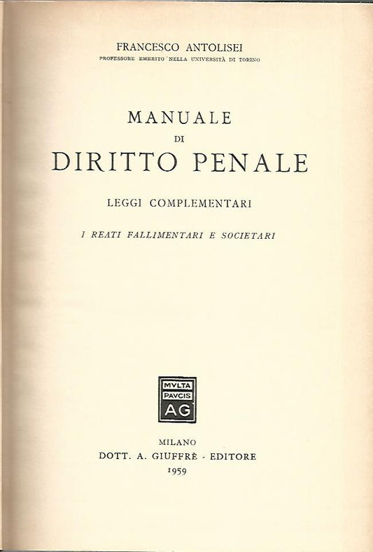 Manuale di diritto penale. Leggi complementari - copertina