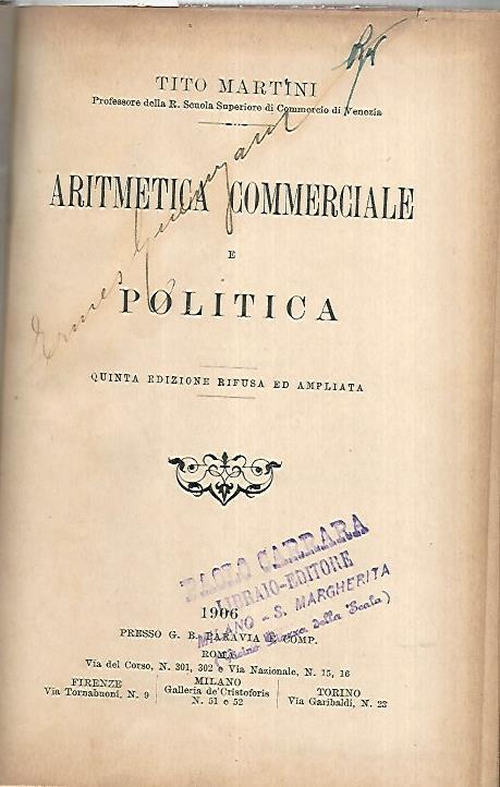 Aritmetica commerciale e politica - copertina