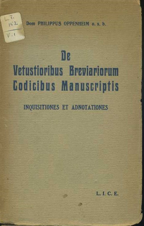 De Vetustioribus Breviariorum Codicibus Manuscriptis. Inquisitiones et Adnotationes - copertina