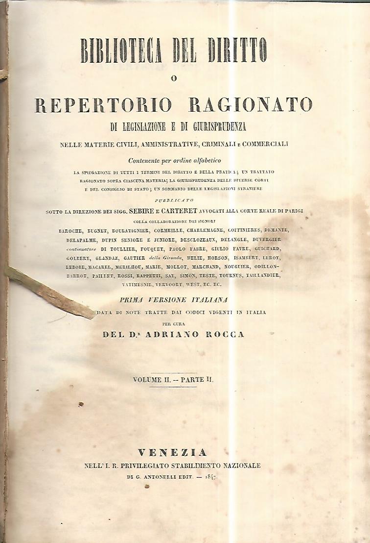 Biblioteca del diritto o repertorio ragionato di legislazione e di giurisprudenza. Vol II parte II - copertina