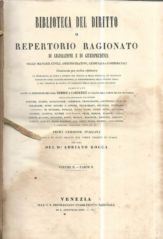 Biblioteca del diritto o repertorio ragionato di legislazione e di giurisprudenza. Vol II parte II - copertina