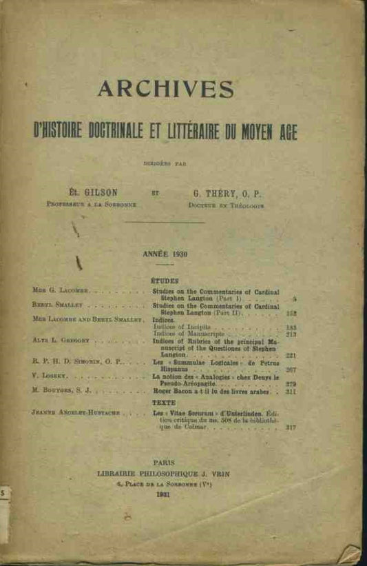 Archives d'histoire litteraire et doctrinale du moyen-age. 5 - copertina