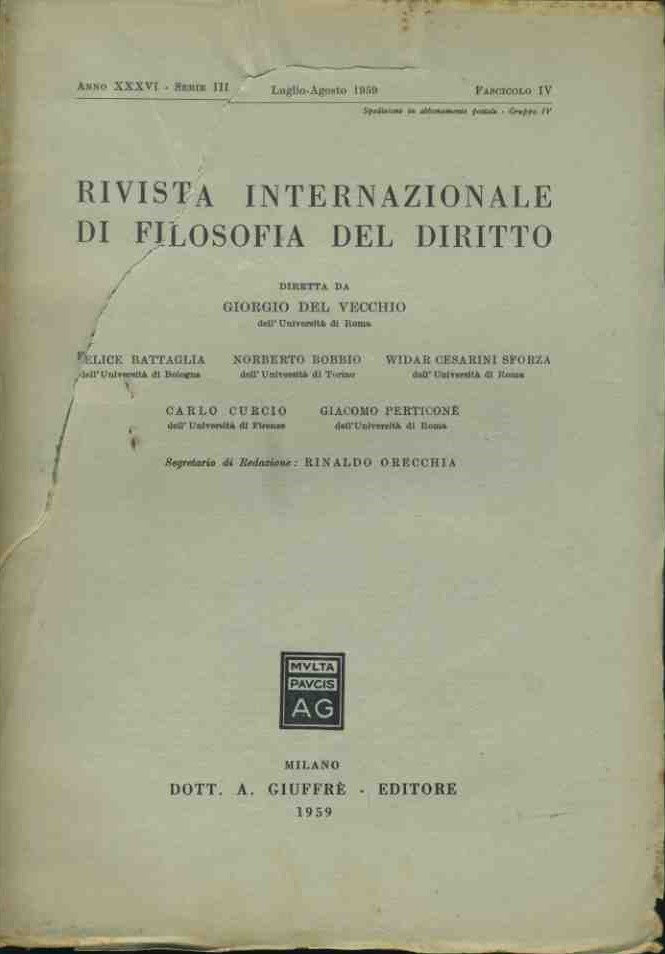 Rivista internazionale di filosofia del diritto. Luglio- Agosto 1963 - copertina