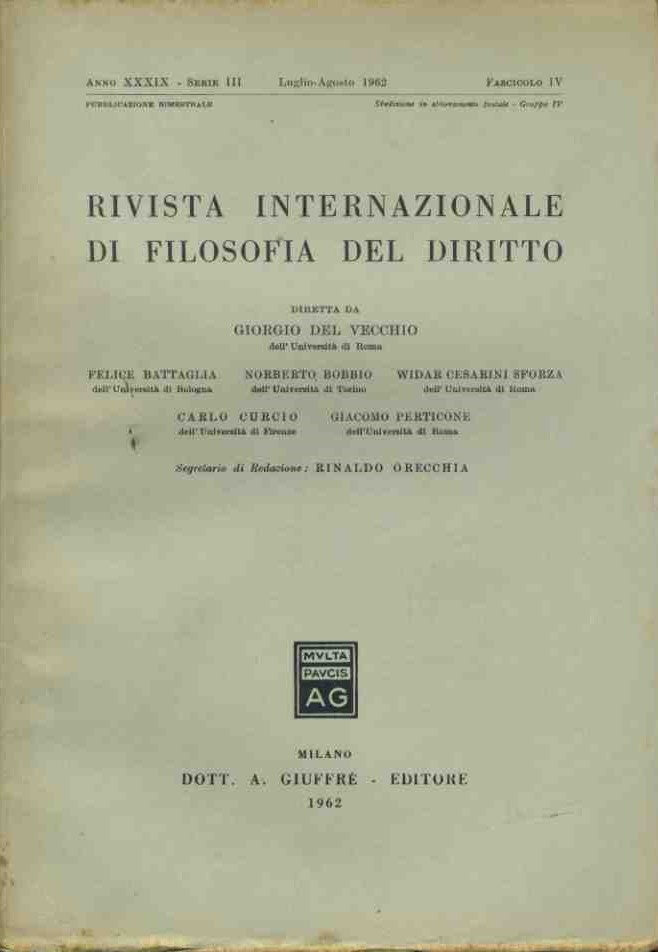 Rivista internazionale di filosofia del diritto. Luglio - Agosto 1962 - copertina