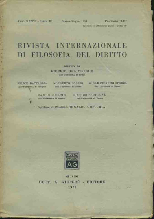 Rivista internazionale di filosofia del diritto. Marzo - Giugno 1959 - copertina