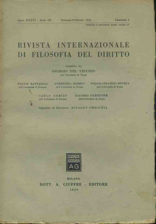 Rivista internazionale di filosofia del diritto. Gennaio - Febbraio 1959 - copertina