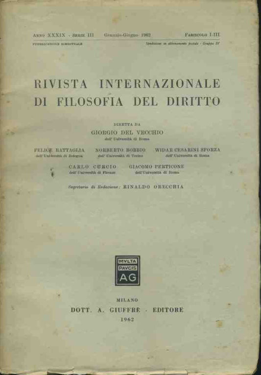 Rivista internazionale di filosofia del diritto. Gennaio - Giugno 1962 - copertina