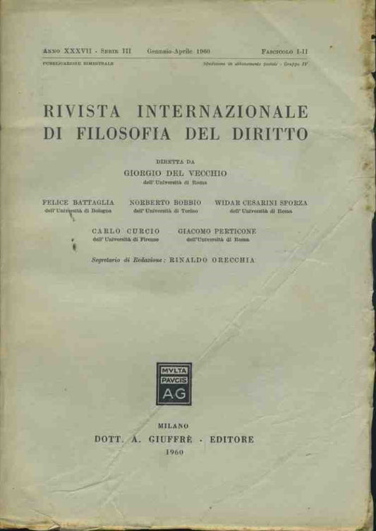 Rivista internazionale di filosofia del diritto. Gennaio - Aprile 1960 - copertina