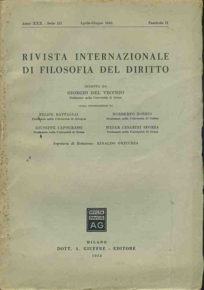 Rivista internazionale di filosofia del diritto. Aprile - Giugno 1953 - copertina