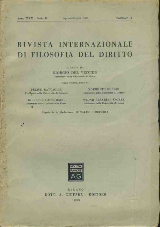Rivista internazionale di filosofia del diritto. Aprile - Giugno 1953 - copertina