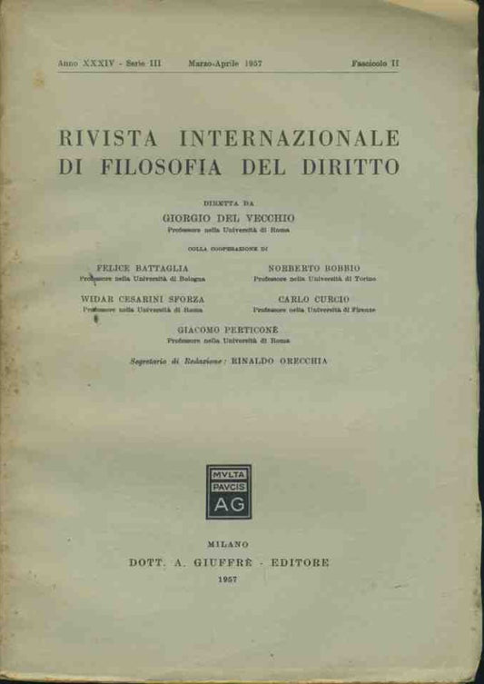 Rivista internazionale di filosofia del diritto. Marzo - Aprile 1957 - copertina