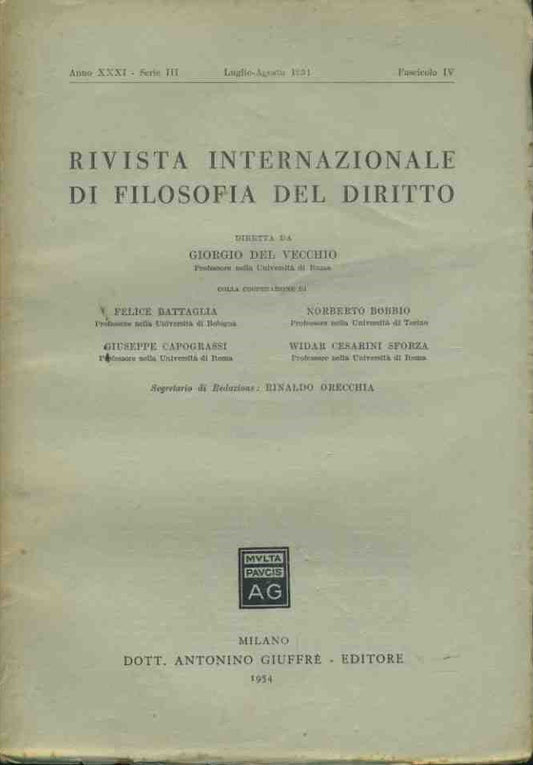Rivista internazionale di filosofia del diritto. Luglio - Agosto 1954 - copertina