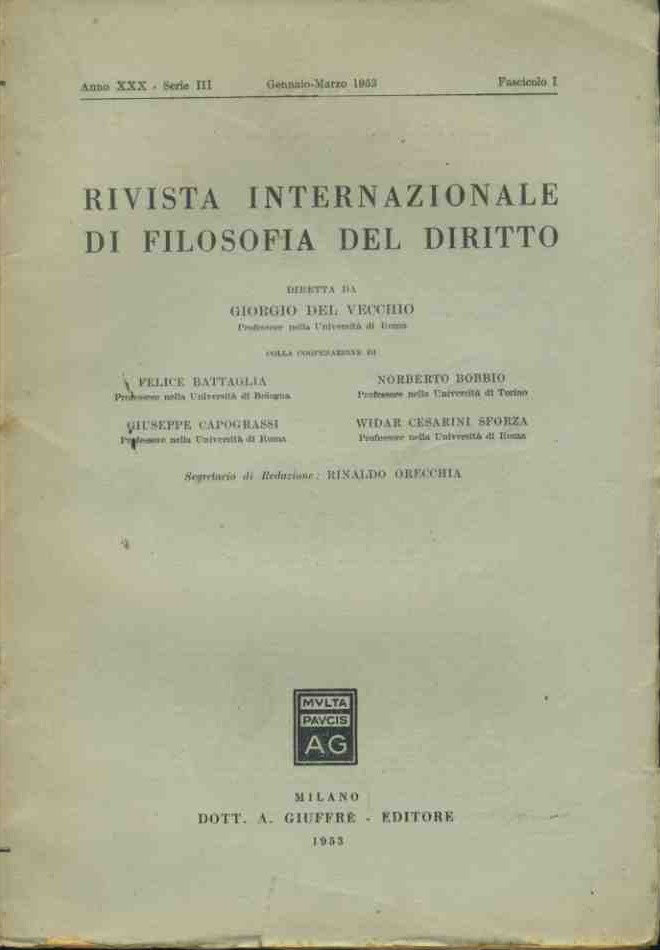 Rivista internazionale di filosofia del diritto. Gennaio - Marzo 1953 - copertina