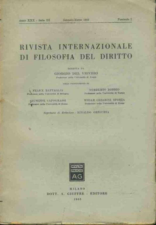 Rivista internazionale di filosofia del diritto. Gennaio - Marzo 1953 - copertina