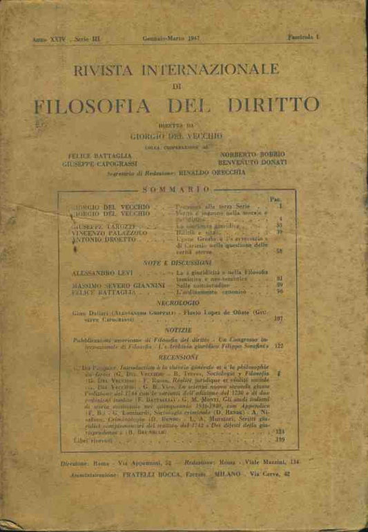 Rivista internazionale di filosofia del diritto. Gennaio - Marzo 1947 - copertina