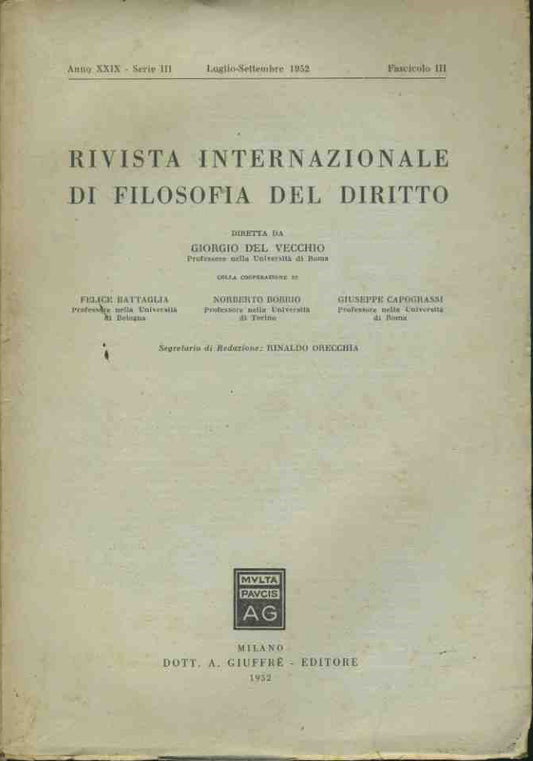 Rivista internazionale di filosofia del diritto. Luglio - Settembre 1952 - copertina