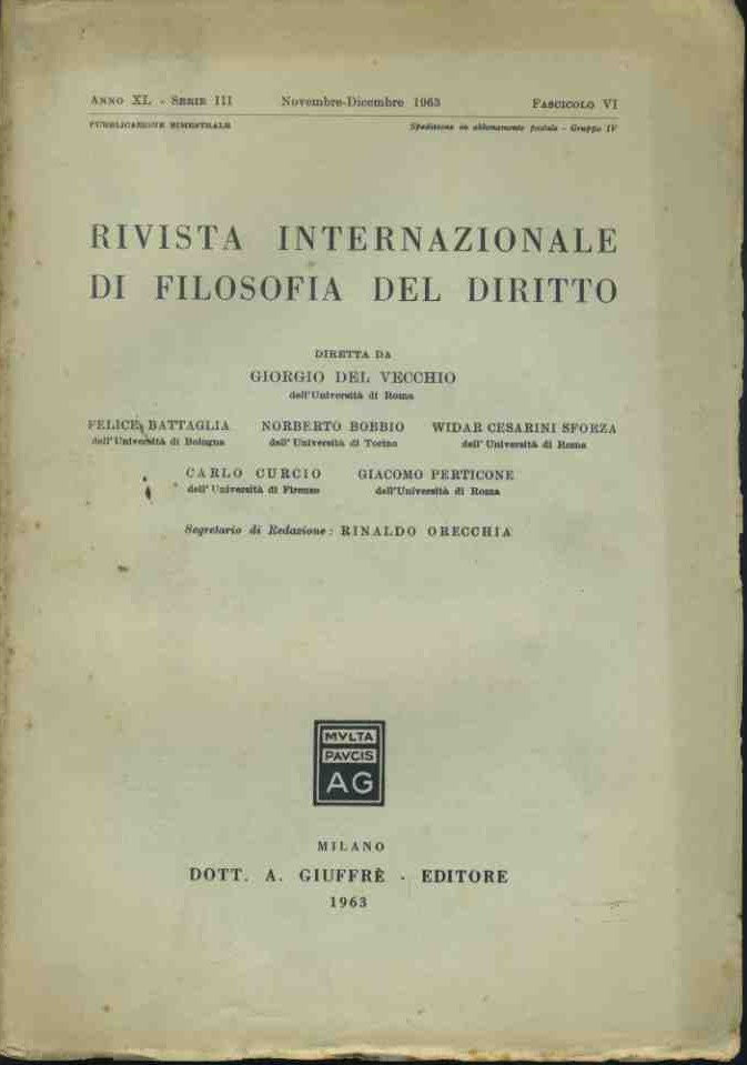 Rivista internazionale di filosofia del diritto. Novembre - Dicembre 1963 - copertina