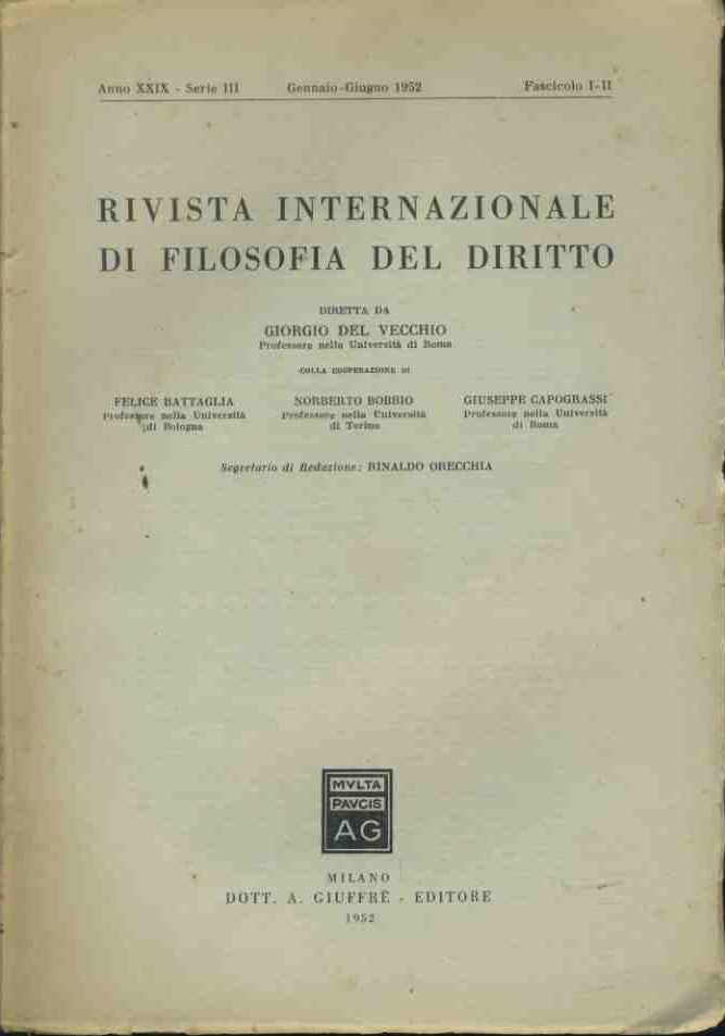 Rivista internazionale di filosofia del diritto. Gennaio - Giugno 1952 - copertina