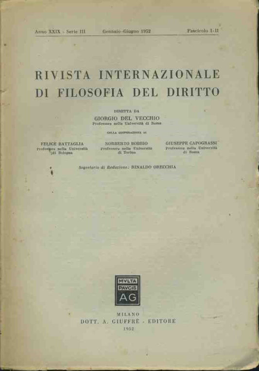 Rivista internazionale di filosofia del diritto. Gennaio - Giugno 1952 - copertina