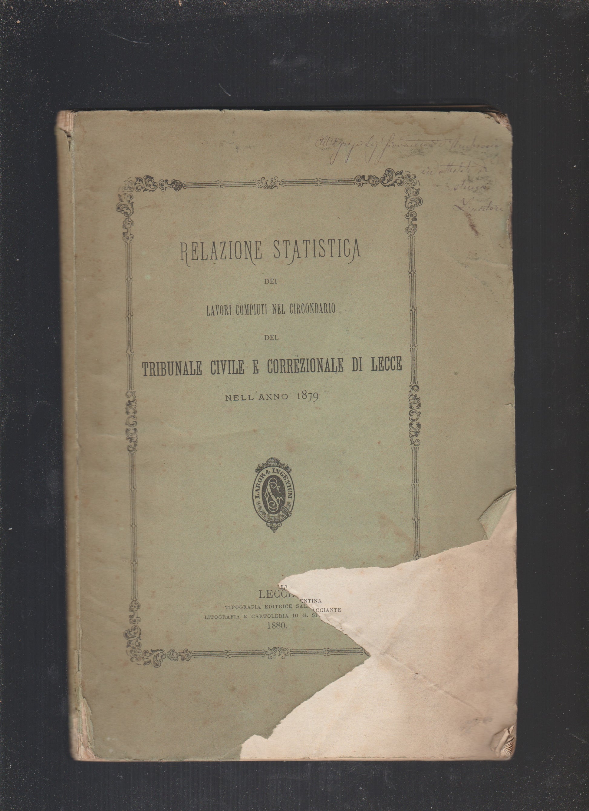 RELAZIONE STATISTICA DEI LAVORI COMPIUTI NEL CIRCONDARIO DEL TRIBUNALE CIVILE E CORREZIONALE DI LECCE - copertina