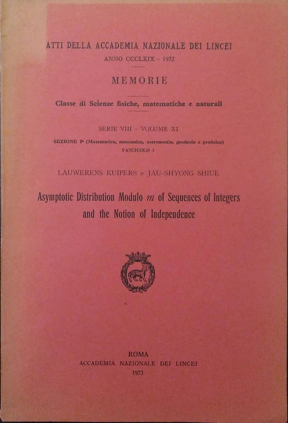 ASYMPTOTIC DISTRIBUITION MODULO M OF SEQUENCES OF INTERGERS AND THE NOTION OF INDEPENDENCE - copertina