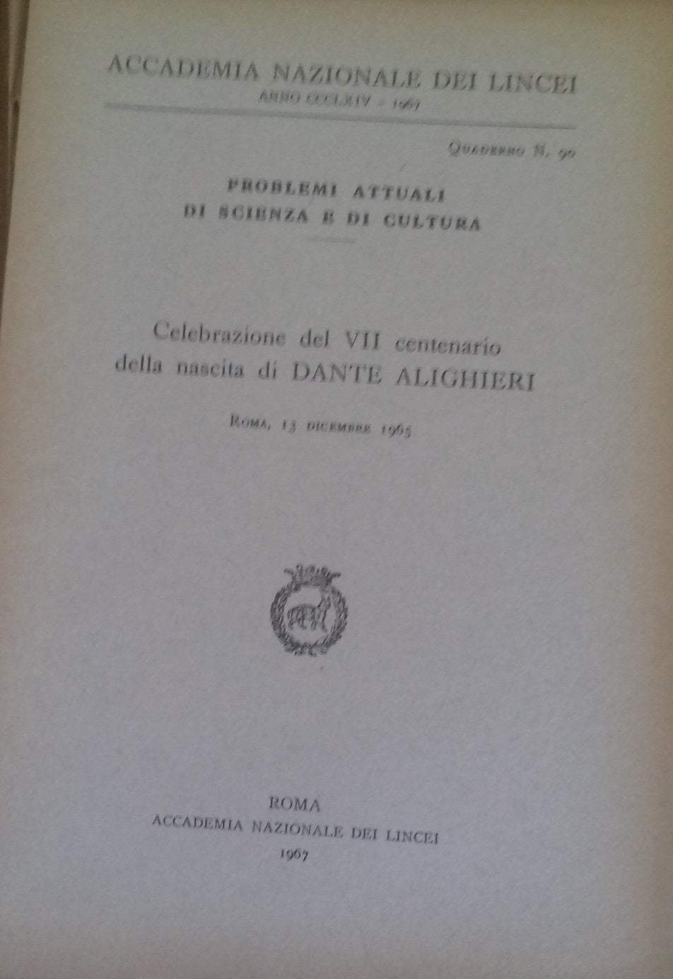 Celebrazione del VII anniversario della nascita di DANTE ALIGHIERI - copertina