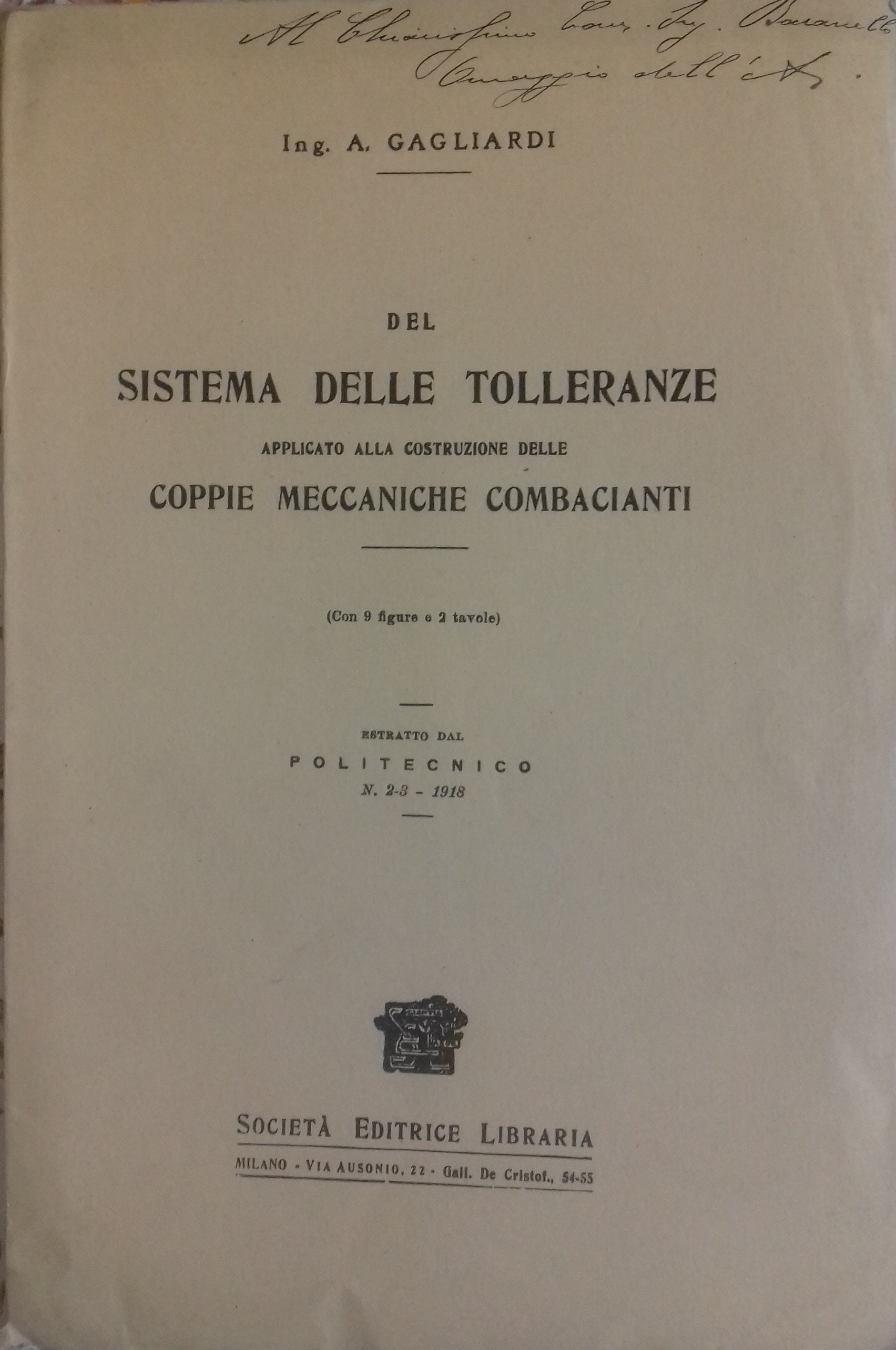 Del sistema delle tolleranze applicato alla costruzione delle coppie meccaniche combacianti - copertina