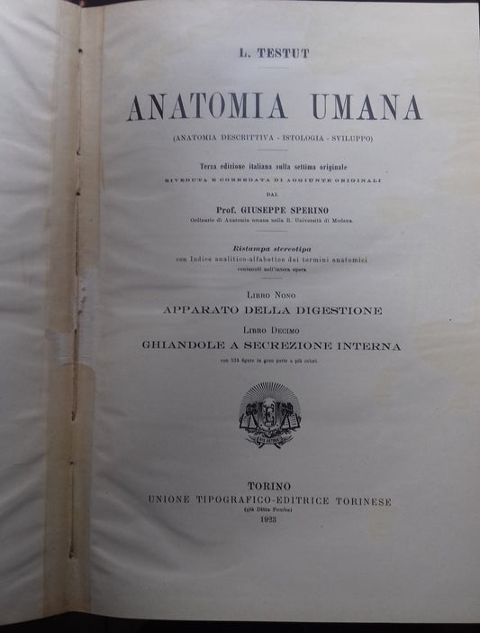 Anatomia Umana. Libro Nono: apparato della digestione; Libro Decimo: Ghiandole a secrezione interna - copertina