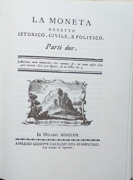 La moneta, oggetto istorico, civile, e politico. Parti due - copertina