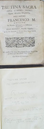 Trutina Sacra sopra l'Uffizio Divino. Tomo I parti 1° e 2°; Tomo  II parte 3°; tomo III parti 4° e 5° - copertina
