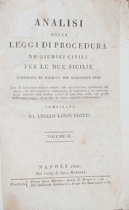 Analisi delle leggi di procedura ne' giudizi civili per le Due Sicilie. Vol. II - copertina