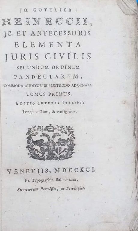 Elementa Juris Civilis secundum ordinem Pandectarum, commoda auditoribus methodo adornata - copertina