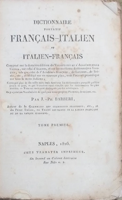 Dictionnaire Portatif Français-Italien et Italien-Français. Tome Premier - copertina