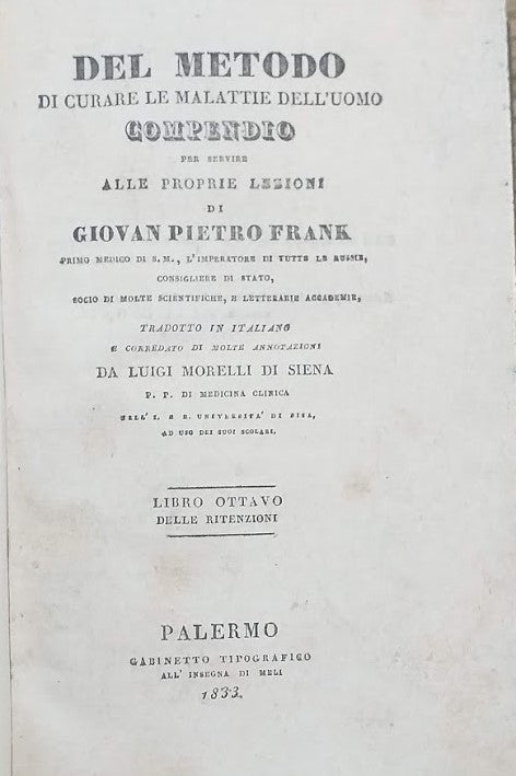 Del Metodo di curare le Malattie dell'Uomo, compendio per servire alle proprie lezioni. Libro VIII - copertina