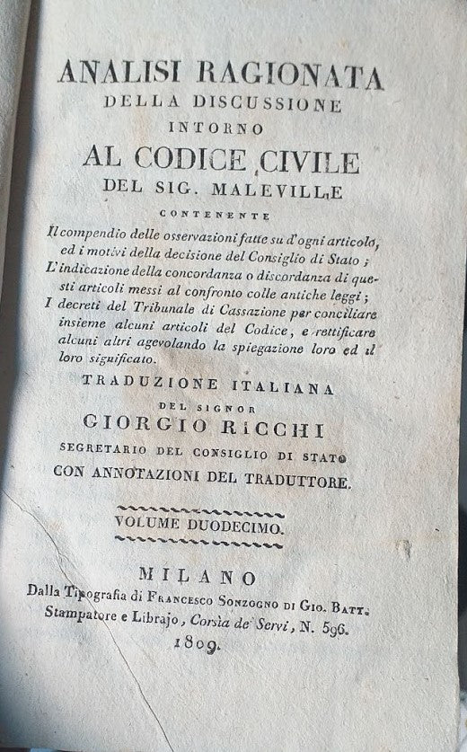 Analisi ragionata della discussione intorno al Codice Civile del sig. Maleville. Vol XII - copertina