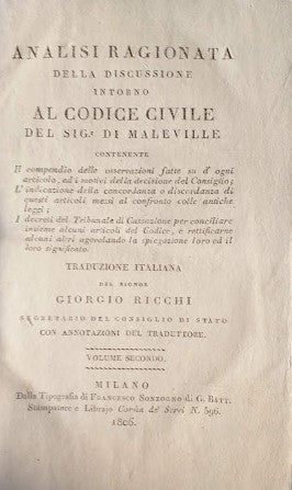 Analisi ragionata della discussione intorno al Codice Civile del sig. Maleville. Vol. I e II - copertina