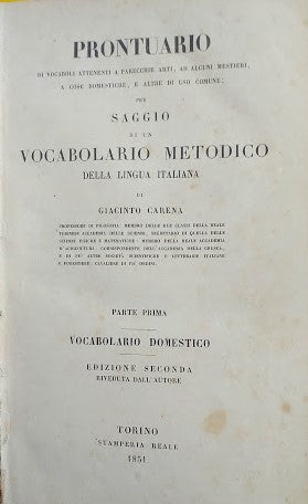 Prontuario di vocaboli attenenti a parecchie arti, ad alcuni mestieri, a cose domestiche, e altre di uso comune; per un saggio di un Vocabolario Metodico della Lingua Italiana. Parte Prima: Vocabolario Domestico - copertina