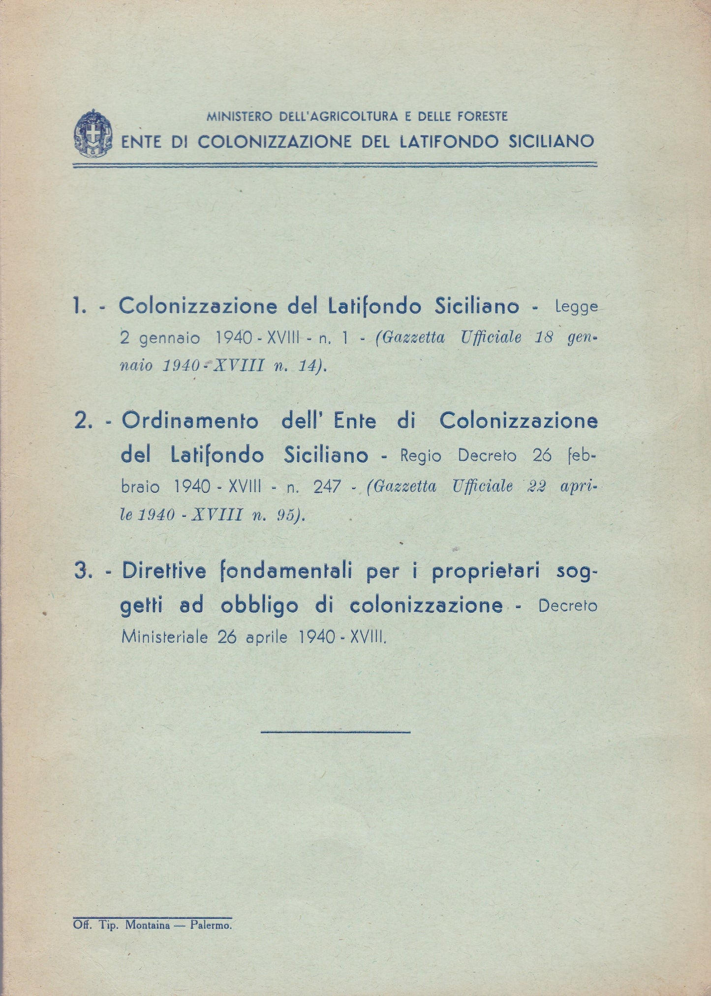 Colonizzazione del Latifondo siciliano (e altre due leggi in materia). 1940. - copertina