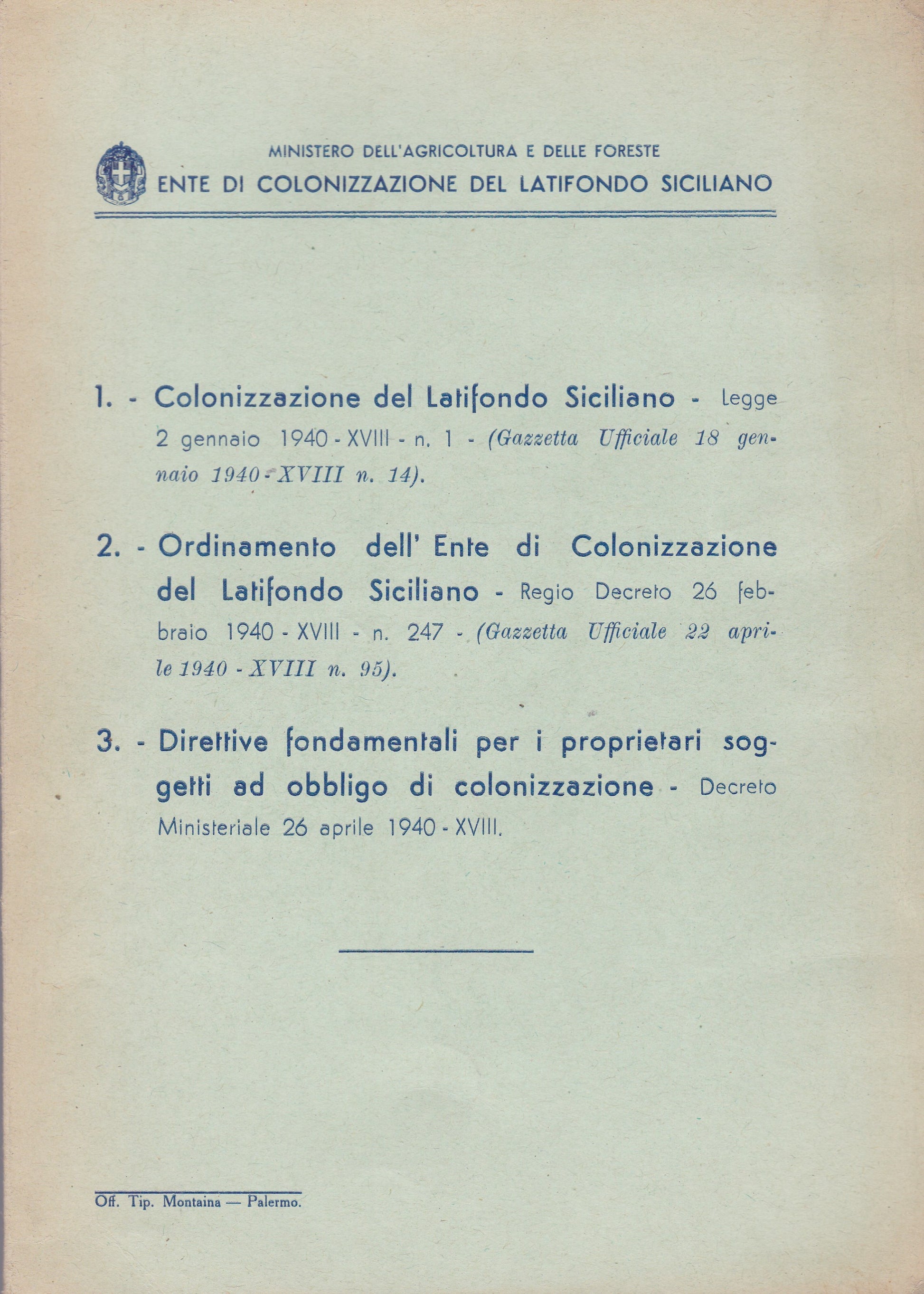 Colonizzazione del Latifondo siciliano (e altre due leggi in materia). 1940. - copertina