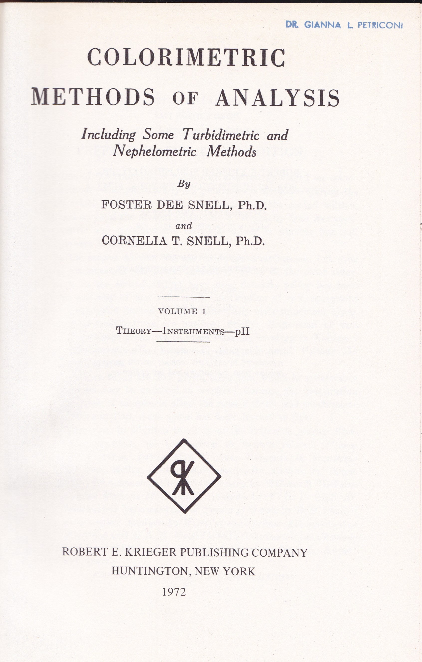 Colorimetric methods of analysis. I. Theory. Instruments. PH - copertina