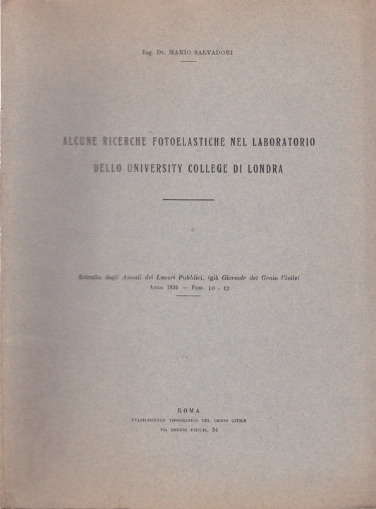 Alcune ricerche fotoelastiche nel laboratorio dello University College di Londra - copertina