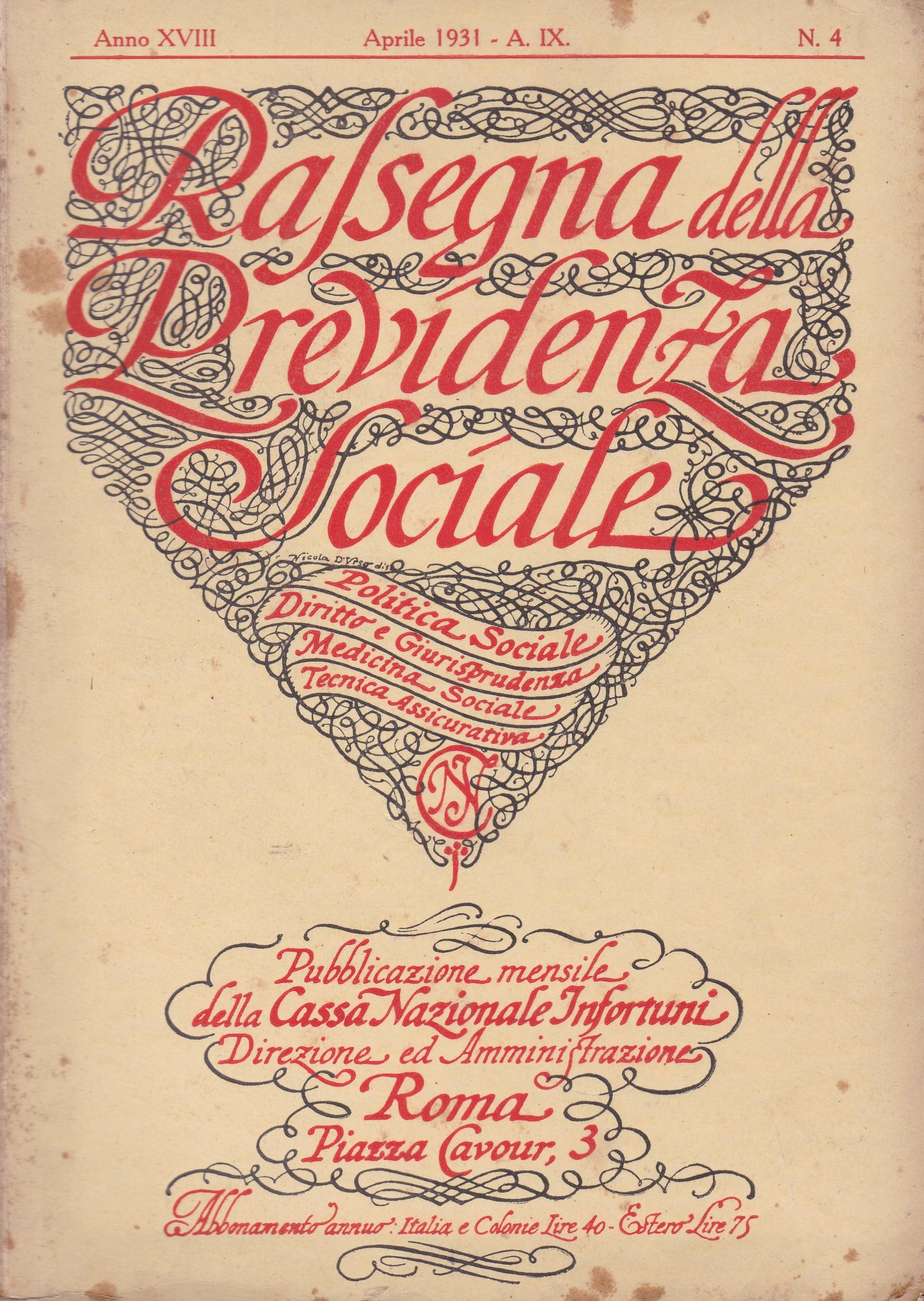 Rassegna della Previdenza Sociale. XVIII. N. 4. Aprile 1931. - copertina
